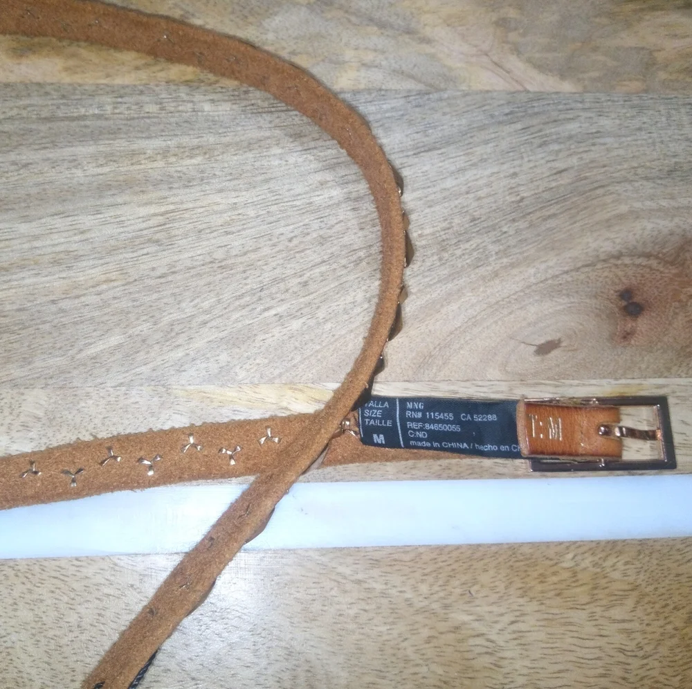 Mango Pyramid Studded Vegan Leather Belt Sz M in Saddle Brown NWOT
